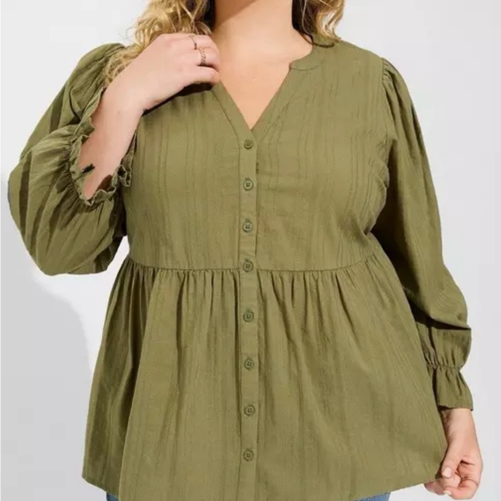 Cotton Button Up Blouson Long Sleeve Top